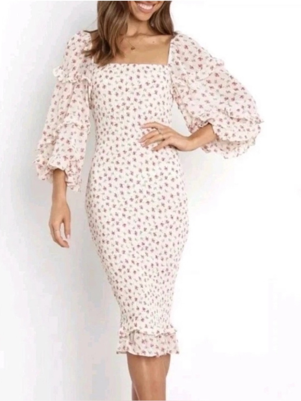 Petal & Pup Cream Midi Dress with Pink Floral Print